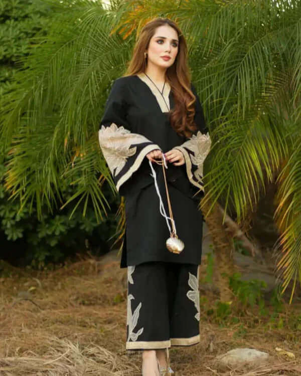 KUBRA PLAZO EMBROIDERED BLACK 2PC SUIT